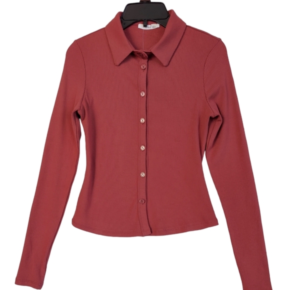 Timing Crop Shirt Womens Brick Medium Long Sleeve Button-Up New Stretch - Picture 1 of 11